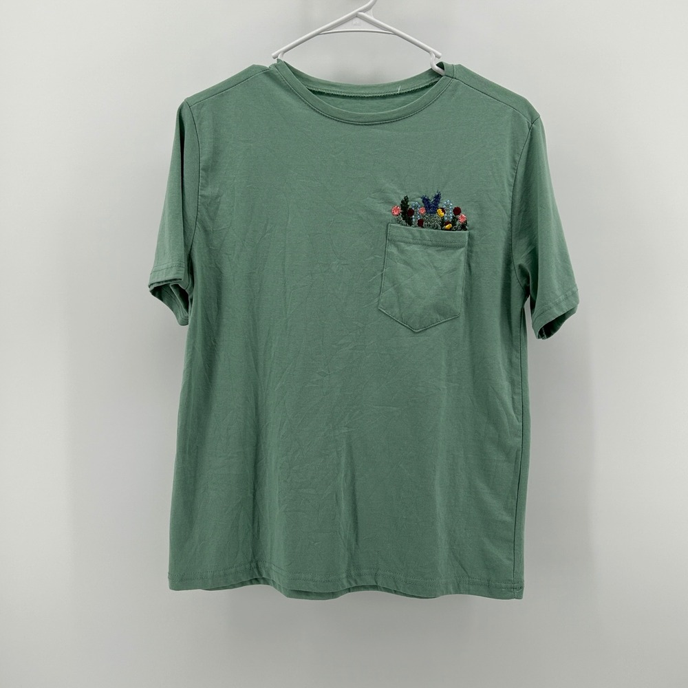 Floral Embroidered Pocket T-Shirt Sage Green Short Sleeve Med Whimsy Botanical